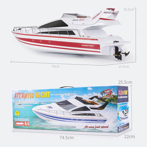 2.4G Wireless RC Speed Demon Racing Boat With Luxury Yacht Styling in packaging, dimensions displayed