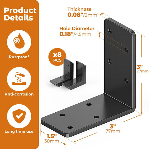 Heavy Duty 8 Pack 3x3 Inch L Brackets Galvanized Corner Braces For Wood Shelves And Furniture with product details shown