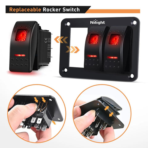 Three Gang Aluminum Rocker Switch Panel with Prewired Harness and Red Backlit Night Glow for DIY Install