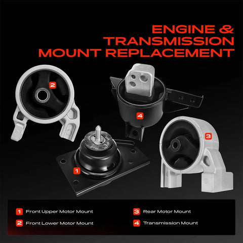 Heavy Duty Engine Motor And Transmission Mount Kit Set Of Four For Hyundai Accent And Kia Rio 2006 Through 2011 1.6L L4 showing components numbered.