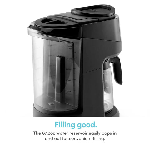 Side view of Brew Choice Pod And Carafe Coffee Maker For K Cup Pods Or Ground Coffee, 12 Cup Capacity, showing water reservoir.
