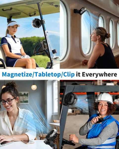 Magnetic Golf Cart Clip On Mist Fan With Light On The Go in use on golf cart, cruise ship, office, and construction site.