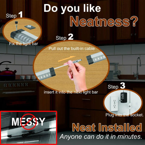 Installation steps for LED Under Cabinet Light Bar With Adjustable Cable Pack Of 12 Corner Input in a kitchen setting
