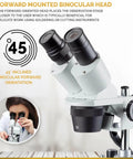 Forward Mounted Binocular Stereo Microscope With 20X 40X 80X Magnification, Dual LED Lighting, Widefield Optics, All Metal Stand, Rugged Pro Grade Build For Tiny Electronics Parts Inspection, Delicate Assembly, And Hobby Projects, 45° angled binocular head