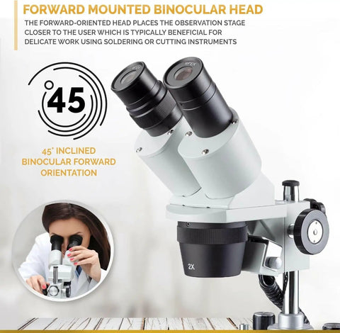 Forward Mounted Binocular Stereo Microscope With 20X 40X 80X Magnification, Dual LED Lighting, Widefield Optics, All Metal Stand, Rugged Pro Grade Build For Tiny Electronics Parts Inspection, Delicate Assembly, And Hobby Projects, 45° angled binocular head