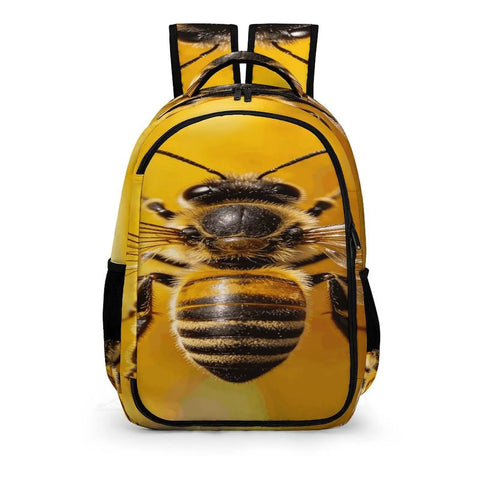 Golden Floral Bee Printed Unisex Backpack With Large Capacity, Lightweight And Durable Polyester Daypack, close-up of bee print