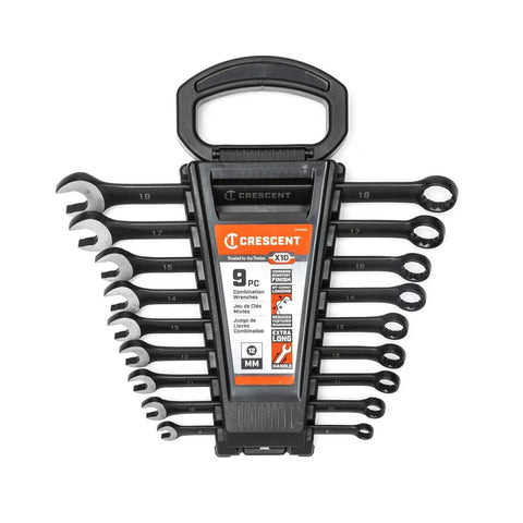 9 Piece X10 12 Point Long Pattern Combination Metric Wrench Set Pro Grade Heavy Duty Alloy Steel With Corrosion Resistant Black Manganese Phosphate Finish And Anti Slip Open Ends For Gearheads in case