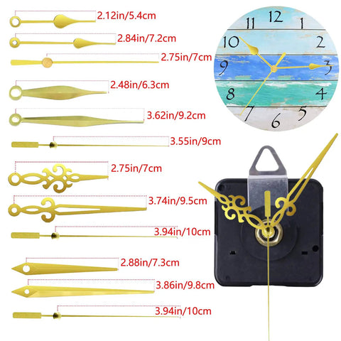 14 Styles Silent Non Ticking Wall Clock Movements Kit with aluminum clock hands in black and gold, DIY repairs quartz motor.