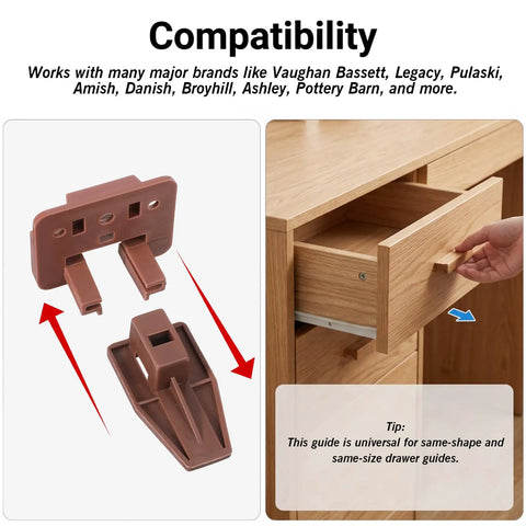 Twenty Pack Of Sturdy Plastic Drawer Slide Tracks And Center Mount Glides Replacement Kit With No Fuss Install Hardware For Bedroom Furniture Fixes And Nightstand Upgrades compatible parts displayed on a wooden dresser.