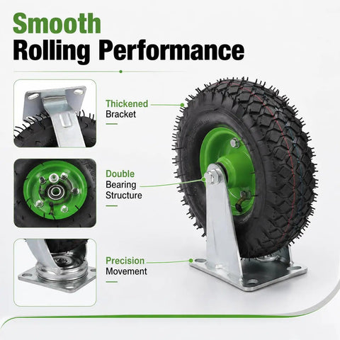 Heavy Duty 10 Inch Pneumatic Caster Set With Two Swivel And Two Rigid Black Rubber Wheels showing thickened bracket and double bearing structure.