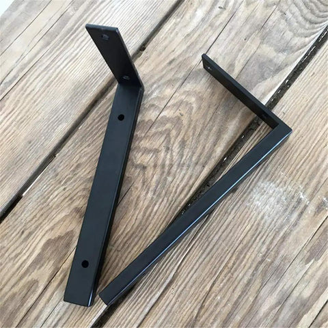 Heavy Duty Wall Mounted L Shape Shelf Brackets Two Pack Slick Black Finish Rust Proof Steel on wooden surface