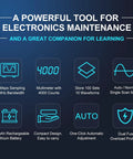 Infographic detailing features of Two In One Portable Oscilloscope And Multimeter With 1 MHz Bandwidth And 2.5 Msps Sampling, 4000 Count DMM.