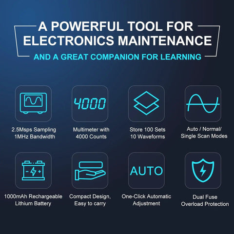 Infographic detailing features of Two In One Portable Oscilloscope And Multimeter With 1 MHz Bandwidth And 2.5 Msps Sampling, 4000 Count DMM.