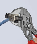 7.25 Inch Pliers Wrench With Smooth Jaws And Black Finish Pro Grade Grip Tool for Damage Free Chrome Fittings holding a cable and connector