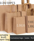 Selection of kraft paper bags with handles, customizable logos, 10/20/50 pack options, suitable for takeout and shopping.