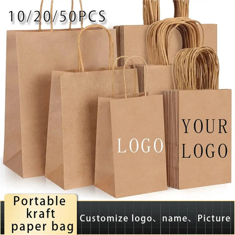 Selection of kraft paper bags with handles, customizable logos, 10/20/50 pack options, suitable for takeout and shopping.