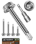 110 Piece Self Drilling Screws Assortment Kit For Metal 410 Stainless Steel Hex Washer Head Sheet Metal Screws Bright Finish Includes 7Mm Hex Socket And 5 Common Sizes For Easy Home DIY Metal Projects.