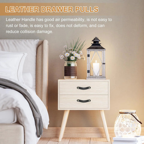 Bedroom scene with nightstand featuring leather drawer pulls 4 pack white microfiber leather dresser knobs with double hole mounting and included screws