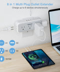 Multi Plug Outlet Extender With USB C Wall Charger And Surge Protector transforms one socket into eight ports, showing usage with devices.