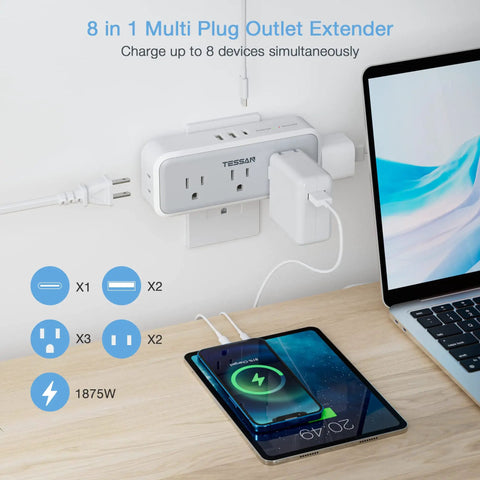 Multi Plug Outlet Extender With USB C Wall Charger And Surge Protector transforms one socket into eight ports, showing usage with devices.