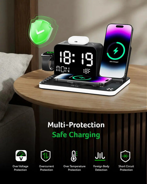 Seven In One Wireless Charging Station for Apple Devices on table with iPhone and Apple Watch, multi-protection features visible.