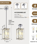 Specification details of Totally Modern Raindrop Crystal Pendant Light For Kitchen Island With K9 Crystals And Chrome Frame Adjustable Height Fixture Great For Living Room Hallway And Foyer Farmhouse Chandelier Style Pendant Lighting with dimensions and accessory list.