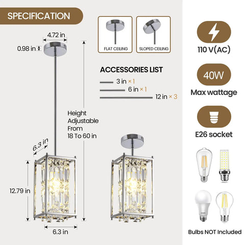 Specification details of Totally Modern Raindrop Crystal Pendant Light For Kitchen Island With K9 Crystals And Chrome Frame Adjustable Height Fixture Great For Living Room Hallway And Foyer Farmhouse Chandelier Style Pendant Lighting with dimensions and accessory list.