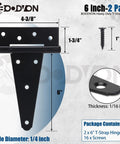6 Inch T Strap Hinges Heavy Duty Black Wrought Iron Gate Hinges for Wooden Fences and Barn Doors Tough As Nails with dimension details.