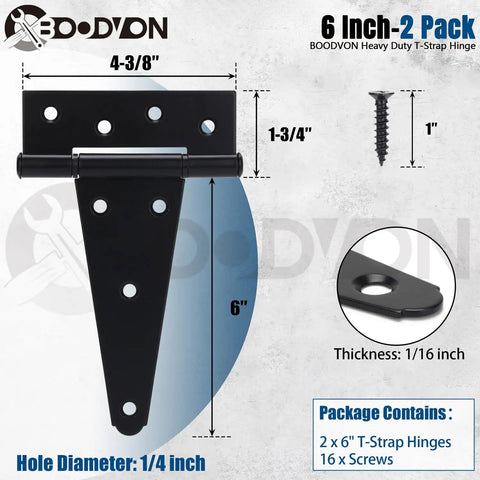 6 Inch T Strap Hinges Heavy Duty Black Wrought Iron Gate Hinges for Wooden Fences and Barn Doors Tough As Nails with dimension details.