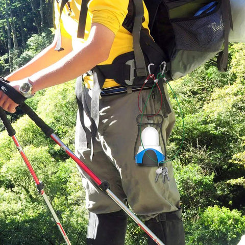 Hiker uses Eight Pack Stainless Steel Tethers With Colorful Coated Security Lanyard Kit For Cameras And Gear