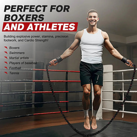 Man using Heavy Weighted Jump Rope For Full Body Workout 9.2ft Length 2.8lb Rope For Cardio Burn And Fitness Boxing Training Home Gym