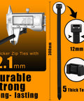 Ultra Heavy Duty Black Zip Ties 12 Inch Long 250 Pound Tensile Strength 250 Piece Kit with 2.1mm thickness and 5 thick teeth.