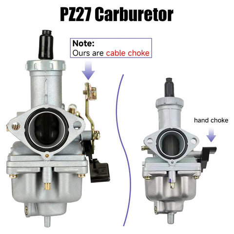 PZ27 Carburetor Kit for 125cc 150cc 200cc 250cc 4 Stroke Engines with cable choke compared to hand choke