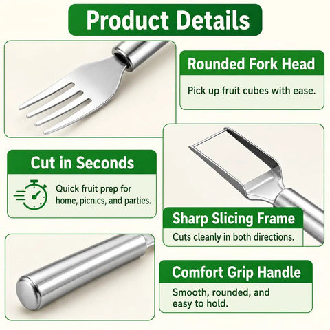 Product details showcasing the 2-In-1 Watermelon Fork Cutter With Dual Head Knife And Fork features and stainless steel details.