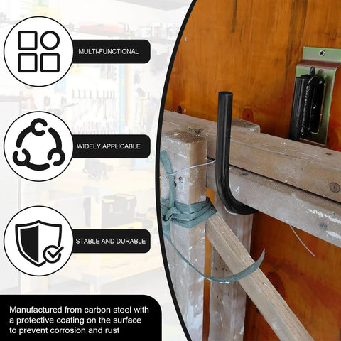 Heavy Duty 4 Inch E Track J Hooks 10 Pack For Trailers And Vans Carbon Steel With Zinc Coating 500 Lbs Working Load 1400 Lbs Break Strength Fits Enclosed Trailers And E Track Systems. Black E-track J hook securing cargo in trailer rail.