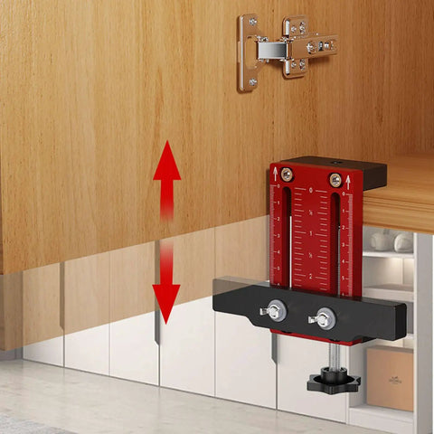 Heavy Duty Cabinet Door Mounting Jig, Bullseye Ready Frameless Or Framed Installation Locator with aluminum guide on cabinet.