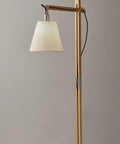 Walden Floor Lamp With Natural Wood Body On Satin Steel Base, Off White Poly Cotton Bell Shade, side view, on white surface