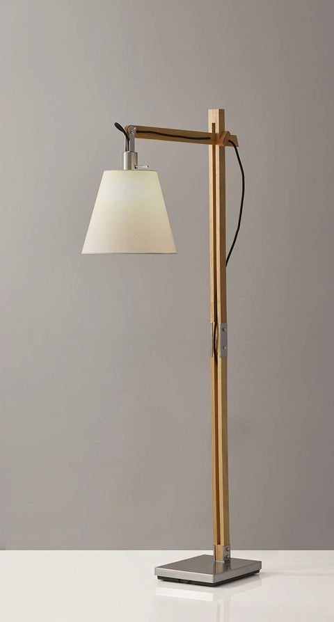 Walden Floor Lamp With Natural Wood Body On Satin Steel Base, Off White Poly Cotton Bell Shade, side view, on white surface