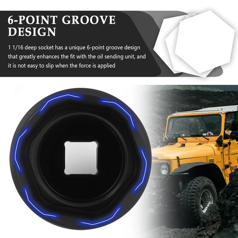 Killer Build Car Oil Pressure Sensor Socket With Three Eighth Inch Drive Anti Rust Twenty Seven Millimeter Size One One Sixteenths Inch Fit showing 6-point groove design for better grip.