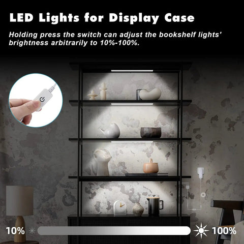 Four Pack Cold White LED Shelf Lights With Memory Function, 12 Inch Plug In Under Cabinet Lighting in display case setup