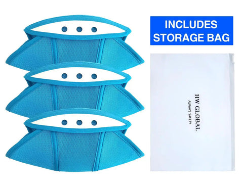 Three blue Hard Hat Sweatband Liner With Breathable Air Mesh Cooling Top Pad with storage bag, 3 Pack.