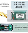 Electronic Digital Turbine Flow Meter For Liquids 60 To 500 Liters Per Minute About 1 Percent Accurate Aluminum Alloy Body 2 Inch Threaded Inlet Handles Water Diesel Gasoline Methanol Kerosene And Oil Not For Drinking Water showing LCD display and internal PCB board.
