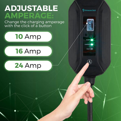 Level 2 24 Amp EV Charger With Adjustable Amperage 10A 16A 24A 30 Foot Cable L14 30P For Home Garage Use Fast Durable Electric Vehicle Charging Station That Keeps You Plugged In showing amperage adjustment feature