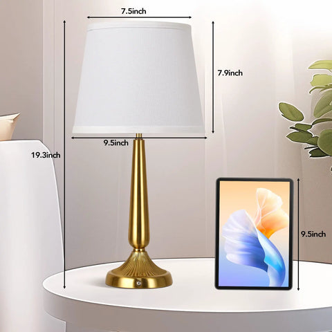 Touch Table Lamp Set for Bedroom Two Pack with USB Port and Power Outlet 3 Way Dimmable Bedside Lamps Daylight White Light Ideal for Living Room or Nursery Perfect for Nightstands and Desks Bulbs Included, gold brushed base with white drum shade, size measurements shown