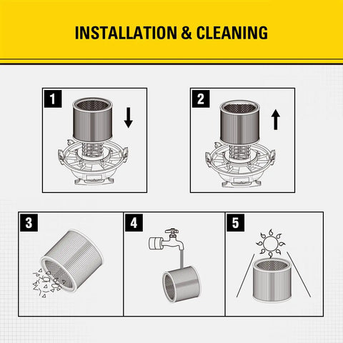 Installation and cleaning steps for High Efficiency Replacement Cartridge Filter for 5-18 Gallon Wet Dry Shop Vacuums