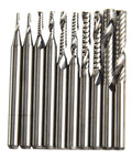 Carbide end mill set, 1/8-inch shank, 10 pieces, upcut single-flute router bits for CNC milling in wood and acrylic