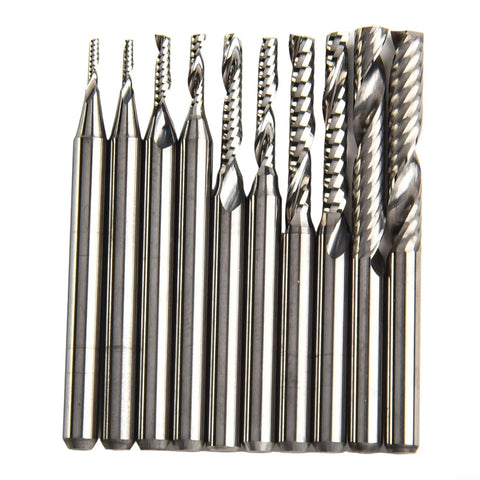 Carbide end mill set, 1/8-inch shank, 10 pieces, upcut single-flute router bits for CNC milling in wood and acrylic