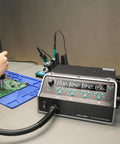 Pro Grade All In One Micro Soldering Station With 1000W Hot Air Rework Desoldering System in use on electronic circuit board