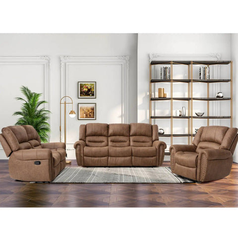 Manual Recliner Sofa Set With Overstuffed Arms And High Back Faux Leather 3 Piece Couch In Nut Brown Vintage Rivet Trim Ultra Comfy Recliners