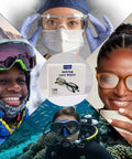 Center-front view of white anti-fog lens wipes box, 100-count, pre-moistened for glasses and devices (Amazon)